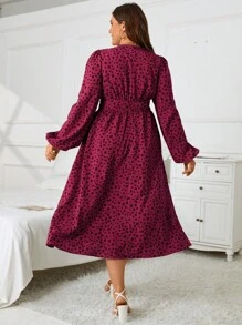 SHEIN Clasi 大碼滿版斑點印花燈籠袖高衩連衣裙 - 玫瑰紅 - 查看 2