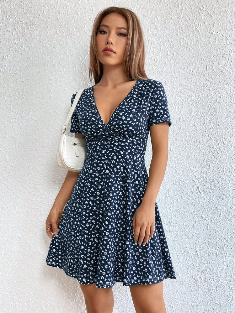 navy blue dress shein SHEIN Raffinéa Elegant Solid Color Puff Sleeve Fishtail Dress, Autumn |  Dress main image 0