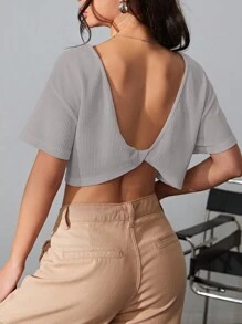 SHEIN EZwear Áo thun nữ Lộ Lưng xoắn lại màu trơn Giải trí - Xám - Xem 2