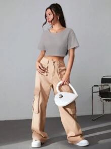 SHEIN EZwear Áo thun nữ Lộ Lưng xoắn lại màu trơn Giải trí - Xám - Xem 3