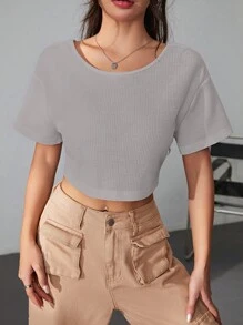 SHEIN EZwear Áo thun nữ Lộ Lưng xoắn lại màu trơn Giải trí - Xám - Xem 4