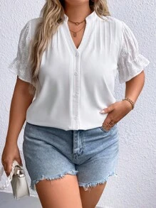 Celure Plus Notched Neckline Button Front Blouse - White - View 5