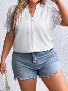 Celure Plus Notched Neckline Button Front Blouse - White - View 3