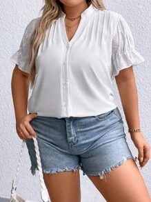 Celure Plus Notched Neckline Button Front Blouse - White - View 4