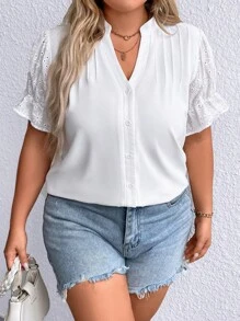 Celure Plus Notched Neckline Button Front Blouse - White - View 1