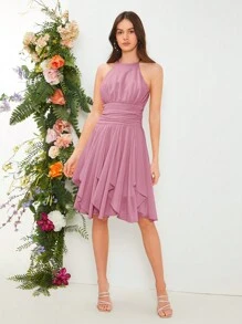 SHEIN Belle 1 pieza Vestido de dama de honor de gasa fruncida con cuello halter fruncido, elegante vestido de graduación, fiesta de regreso a casa, para boda, cumpleaños, graduación - Rosa vieja - Ver 1