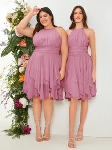 SHEIN Belle 1 pieza Vestido de dama de honor de gasa fruncida con cuello halter fruncido, elegante vestido de graduación, fiesta de regreso a casa, para boda, cumpleaños, graduación - Rosa vieja - Ver 2