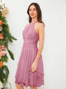 SHEIN Belle 1 pieza Vestido de dama de honor de gasa fruncida con cuello halter fruncido, elegante vestido de graduación, fiesta de regreso a casa, para boda, cumpleaños, graduación - Rosa vieja - Ver 5