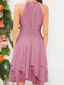 SHEIN Belle 1 pieza Vestido de dama de honor de gasa fruncida con cuello halter fruncido, elegante vestido de graduación, fiesta de regreso a casa, para boda, cumpleaños, graduación - Rosa vieja - Ver 7