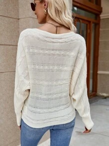 SHEIN LUNE Batwing Sleeve Boat Neck Cable Knit Jumper - Beige - View 2