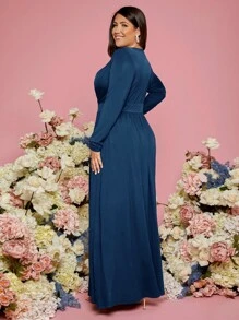 SHEIN Belle 大碼深V領高衩連衣裙 - 藏蓝色 - 查看 2