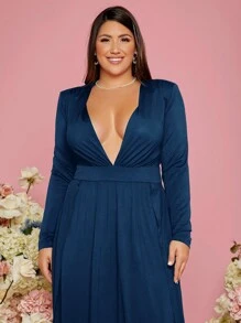 SHEIN Belle 大碼深V領高衩連衣裙 - 藏蓝色 - 查看 3