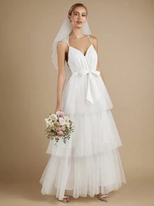 SHEIN Belle 層疊下擺網紗吊帶婚紗洋裝不附面紗 - 白色 - 查看 5