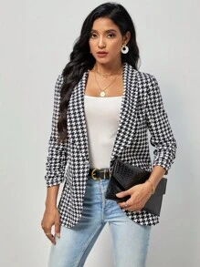 SHEIN Clasi 千鳥格印花青果領開門襟西裝外套不附吊帶上衣 - 黑與白 - 查看 2