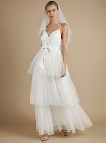 SHEIN Belle 層疊下擺網紗吊帶婚紗洋裝不附面紗 - 白色 - 查看 4