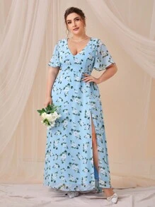 SHEIN Belle Trang phục phù dâu cho phụ nữ Plus Dây kéo Tách cao Hoa Tất cả trên in - Màu xanh nhạt - Xem 1