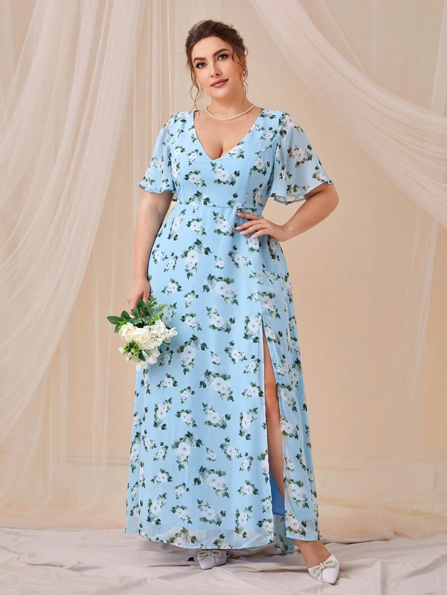 SHEIN Belle Trang phục phù dâu cho phụ nữ Plus Dây kéo Tách cao Hoa Tất cả trên in - Màu xanh nhạt - Xem 1