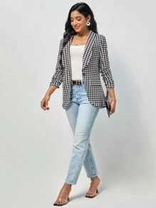 SHEIN Clasi 千鳥格印花青果領開門襟西裝外套不附吊帶上衣 - 黑與白 - 查看 4