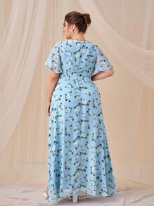 SHEIN Belle Trang phục phù dâu cho phụ nữ Plus Dây kéo Tách cao Hoa Tất cả trên in - Màu xanh nhạt - Xem 2