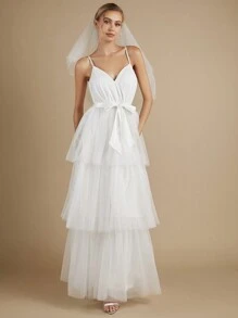 SHEIN Belle 層疊下擺網紗吊帶婚紗洋裝不附面紗 - 白色 - 查看 1