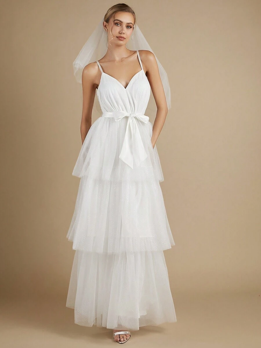 SHEIN Belle 層疊下擺網紗吊帶婚紗洋裝不附面紗 - 白色 - 查看 1