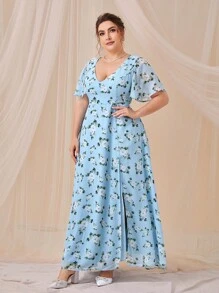 SHEIN Belle Trang phục phù dâu cho phụ nữ Plus Dây kéo Tách cao Hoa Tất cả trên in - Màu xanh nhạt - Xem 3