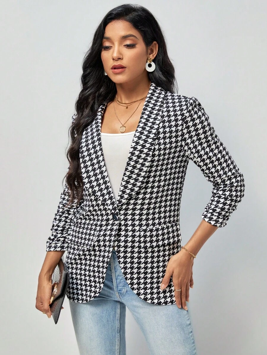 SHEIN Clasi 千鳥格印花青果領開門襟西裝外套不附吊帶上衣 - 黑與白 - 查看 1