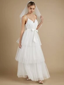 SHEIN Belle 層疊下擺網紗吊帶婚紗洋裝不附面紗 - 白色 - 查看 6