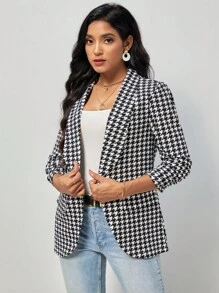 SHEIN Clasi 千鳥格印花青果領開門襟西裝外套不附吊帶上衣 - 黑與白 - 查看 5