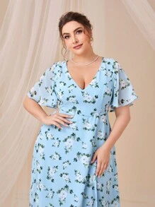 SHEIN Belle Trang phục phù dâu cho phụ nữ Plus Dây kéo Tách cao Hoa Tất cả trên in - Màu xanh nhạt - Xem 4