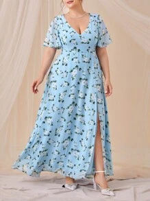 SHEIN Belle Trang phục phù dâu cho phụ nữ Plus Dây kéo Tách cao Hoa Tất cả trên in - Màu xanh nhạt - Xem 5