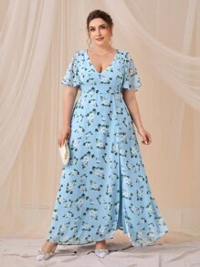 SHEIN Belle Trang phục phù dâu cho phụ nữ Plus Dây kéo Tách cao Hoa Tất cả trên in - Màu xanh nhạt - Xem 6