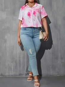 SHEIN Holidaya Plus Tie Dye Button Front Shirt - Pink - View 1