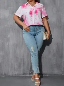 SHEIN Holidaya Plus Tie Dye Button Front Shirt - Pink - View 3