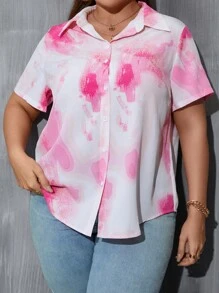 SHEIN Holidaya Plus Tie Dye Button Front Shirt - Pink - View 5