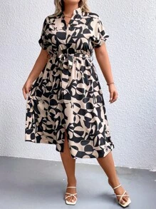 SHEIN Clasi Plus Allover Print Batwing Sleeve Belted Dress - Multicolor - View 5