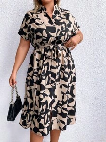 SHEIN Clasi Plus Allover Print Batwing Sleeve Belted Dress - Multicolor - View 6