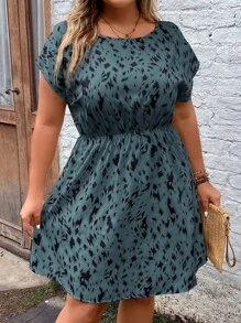 SHEIN LUNE Plus Allover Print Batwing Sleeve Summer Outfits Dress - Dusty Blue - View 1