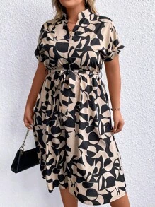 SHEIN Clasi Plus Allover Print Batwing Sleeve Belted Dress - Multicolor - View 7
