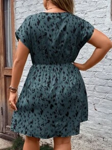 SHEIN LUNE Plus Allover Print Batwing Sleeve Summer Outfits Dress - Dusty Blue - View 2