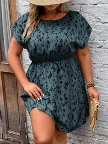 SHEIN LUNE Plus Allover Print Batwing Sleeve Summer Outfits Dress - Dusty Blue - View 3