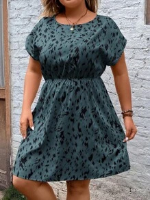 SHEIN LUNE Plus Allover Print Batwing Sleeve Summer Outfits Dress - Dusty Blue - View 4