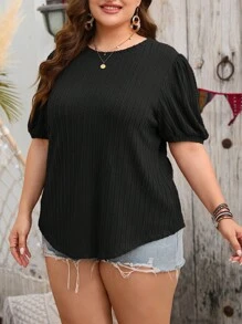 SHEIN LUNE 大碼素色泡泡袖T恤 - 黑色 - 查看 2