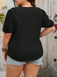 SHEIN LUNE 大碼素色泡泡袖T恤 - 黑色 - 查看 3