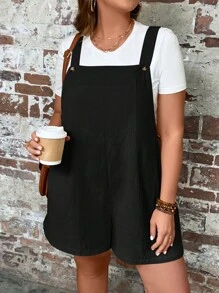 SHEIN LUNE 大碼素色背帶連體短褲不帶T恤 - 黑色 - 查看 1