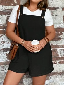 SHEIN LUNE 大碼素色背帶連體短褲不帶T恤 - 黑色 - 查看 3