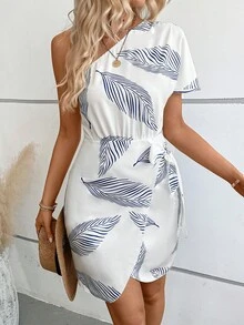 SHEIN LUNE 樹葉印花單肩圍裹洋裝 - 白色 - 查看 3