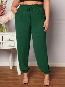 SHEIN LUNE 大碼紙袋腰前打結長褲 - 綠色 - 查看 1