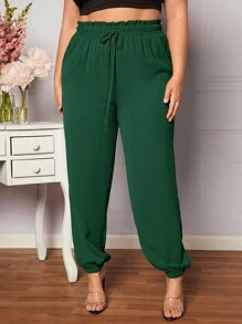 SHEIN LUNE 大碼紙袋腰前打結長褲 - 綠色 - 查看 5