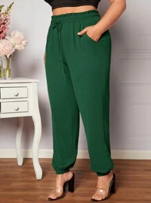 SHEIN LUNE 大碼紙袋腰前打結長褲 - 綠色 - 查看 6